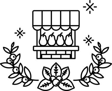 Etrafında yapraklardan bir çelenk olan bir meyve tezgahının siyah beyaz çizimi. Meyve tezgahı armut ve elma satıyor.