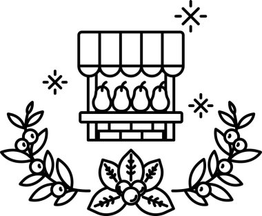 Etrafında yapraklardan bir çelenk olan bir meyve tezgahının siyah beyaz çizimi. Meyve standı armut ve elmalarla dolu.