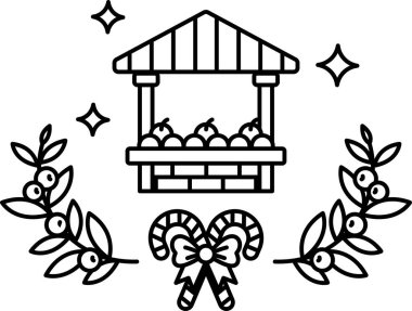 Arkasında bina olan bir Noel pazarının siyah beyaz çizimi. Pazar elma ve diğer meyvelerle dolu.