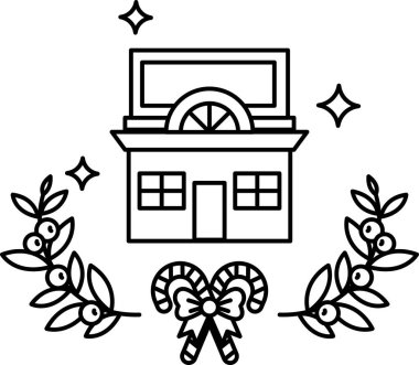 Çatıda Noel ağacı olan bir ev. Ev yapraklardan bir çelenkle çevrili.