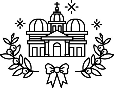 Önünde fiyonk ve büyük bir kubbe olan bir kilise. Yay kırmızı ve beyaz.