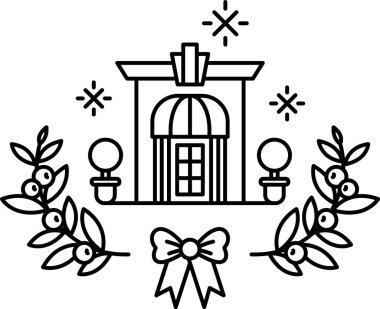 Üzerinde fiyonk olan bir binanın siyah beyaz çizimi. Bina bir otel ve fiyonk da bir dekorasyon.