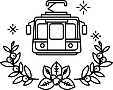 Bir tren yapraklardan bir çelenk içinde gösterilir. Tren siyah ve beyazdır. Yapraklar yeşil ve tren onlarla çevrili.