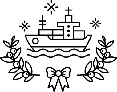 Etrafında yapraklardan bir çelenk olan bir gemi denizde seyrediyor. Gemi görüntünün ana odak noktası ve çelenk sahneye şenlikli bir dokunuş katıyor.