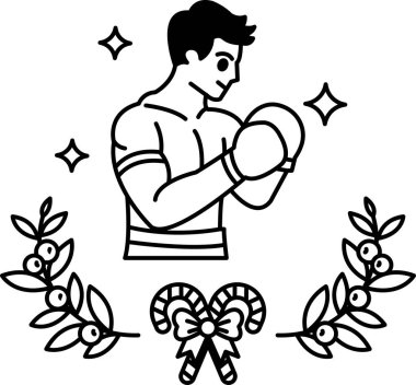 Bir adam boks eldiveni tutuyor ve yapraklar ve böğürtlenlerle çevrili. Noel unsurlarıyla süslendiği için, resmin şenlikli ve kutlamalı bir havası var.