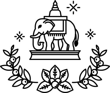 Kafasında çiçek olan bir filin siyah beyaz çizimi. Fil sırtında küçük bir nesne taşıyor. Görüntünün tuhaf ve neşeli bir havası var.