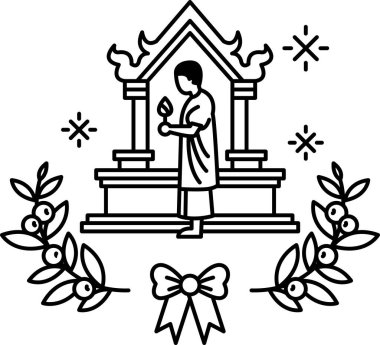 Bir adam bir çekiç tutuyor ve bir binanın önünde duruyor. Görüntü siyah ve beyaz ve dini bir teması var.