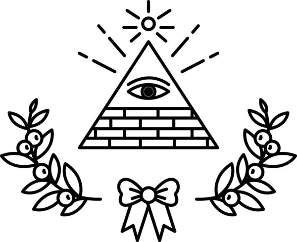 A pyramid with an eye on top of it. The pyramid is surrounded by leaves and a bow