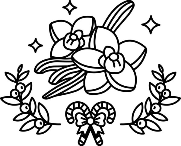 A black and white drawing of a flower arrangement with a bow and a candy cane. The drawing conveys a sense of festivity and joy, as it is likely meant to be used for a holiday or special occasion