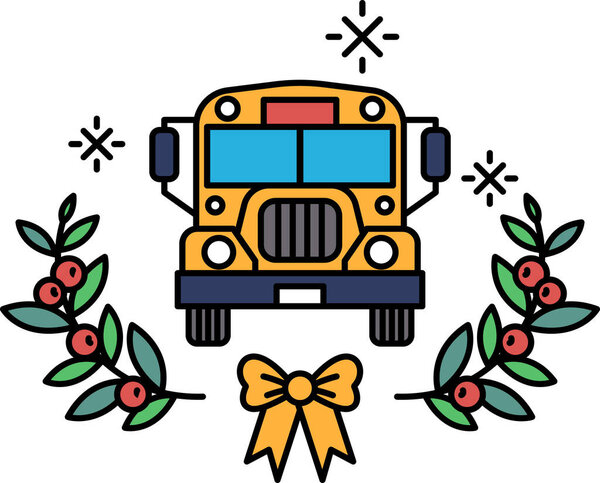 A yellow school bus with a bow on it. The bus is surrounded by leaves and berries. Concept of warmth and joy, as it is likely a holiday-themed design