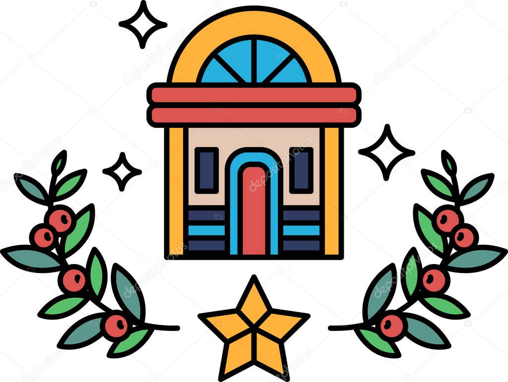 A house with a red door and a window. The house is surrounded by leaves and berries. The house is decorated with a star and a wreath