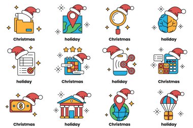 Bir dizi Noel ve tatil ikonu. İkonlar arasında bir Noel Baba şapkası, bir ev, bir telefon, bir saat ve bir bitki var.