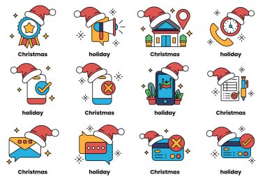 Bir dizi Noel ve tatil ikonu. İkonlar arasında bir Noel Baba şapkası, bir ev, bir telefon, bir saat ve bir bitki var.