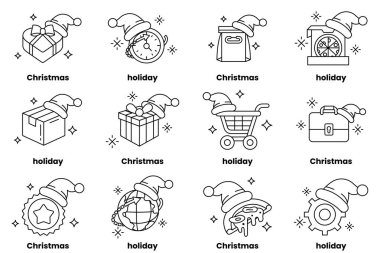Bir dizi Noel ve bayram temalı ikonlar. İkonlar arasında bir Noel Baba şapkası, bir saat, bir alışveriş arabası, bir bavul ve bir kutu var.