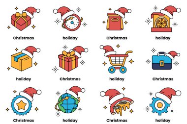 Bir dizi Noel ve bayram temalı ikonlar. İkonlar arasında bir Noel Baba şapkası, bir saat, bir alışveriş arabası, bir bavul ve bir kutu var.