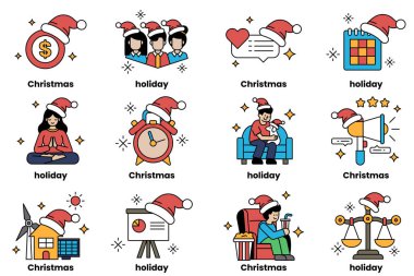 12 Noel ve bayram temalı ikonlar. İkonlar arasında koltukta oturan bir adam, sandalyede oturan bir kadın, sandalyede oturan bir adam, sandalyede oturan bir kadın, sandalyede oturan bir adam yer alıyor.