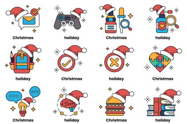 Bir dizi Noel ve bayram temalı ikonlar. Simgeler arasında bir sırt çantası, bir kitap, bir sandviç, bir video oyunu kumandası, bir şişe, bir bıçak, bir kalp, bir haç, bir sırt çantası, bir kitap, bir sandviç,