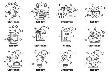 Bir dizi Noel ve bayram temalı ikonlar. İkonlar arasında şapkalı bir adam, bir Noel ağacı, bir ev, bir fincan, bir kitap, bir vazo, bir saat, bir insan, bir pasta, bir mum yer alıyor.
