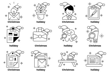 Bir dizi Noel ve bayram temalı ikonlar. İkonlar arasında takım elbiseli bir adam, diş fırçası olan bir adam, büyüteçli bir adam, bitkisi olan bir adam, mektubu olan bir adam var.