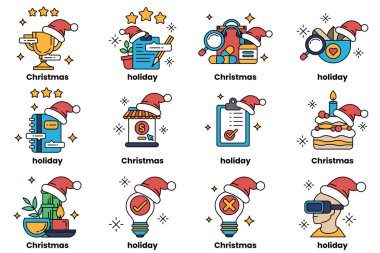 Bir dizi Noel ve bayram temalı ikonlar. İkonlar arasında şapkalı bir adam, bir Noel ağacı, bir ev, bir fincan, bir kitap, bir vazo, bir saat, bir insan, bir pasta, bir mum yer alıyor.