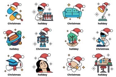 İçinde laboratuvar önlüklü bir adam, bir robot, bir Noel ağacı ve laboratuvar önlüklü bir adamla Noel ağacı olan 12 bayram temalı fotoğraf seti.