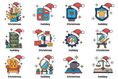 12 Noel temalı ikon seti. Her ikon farklı bir tasarıma sahiptir ve ilgili bayram ile etiketlenmiştir