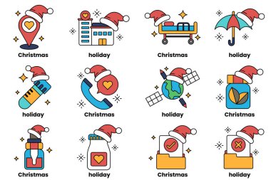 Bir dizi Noel ve tatil ikonu. İkonlar arasında bir Noel ağacı, bir Noel Baba şapkası, bir Noel ağacı süsü, üzerinde yıldız olan bir Noel ağacı, üzerinde kalp olan bir Noel ağacı var.