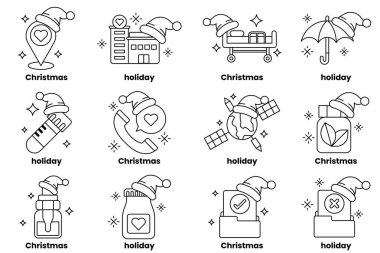 Bir dizi Noel ve tatil ikonu. İkonlar arasında bir Noel ağacı, bir Noel Baba şapkası, bir Noel ağacı süsü, üzerinde yıldız olan bir Noel ağacı, üzerinde kalp olan bir Noel ağacı var.