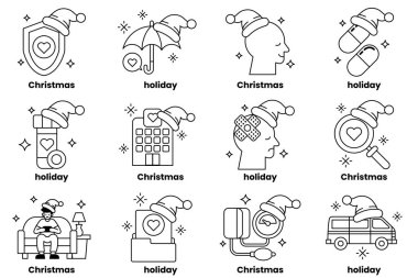 12 adet bayram temalı ikon. Noel Baba şapkalı bir adam ve Noel ağacı.
