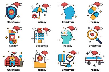 12 adet bayram temalı ikon. Noel Baba şapkalı bir adam ve Noel ağacı.
