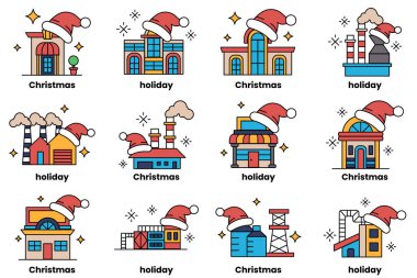 12 Noel ve bayram temalı ikonlar. Her ikon, tepesinde şapka olan bir binadır.