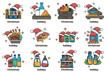 12 Noel ve bayram temalı ikonlar. Her ikonun üzerinde bir şapka var ve etrafı Noel ağacı ile çevrili.