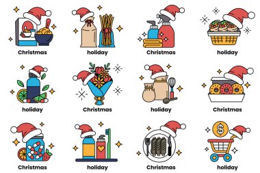12 Noel ve bayram temalı ikonlar. İkonlar arasında bir Noel ağacı, bir Noel Baba şapkası, bir alışveriş arabası, bir kase yiyecek ve bir dolar işareti var.
