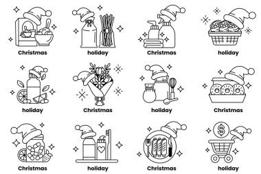 12 Noel ve bayram temalı ikonlar. İkonlar arasında bir Noel ağacı, bir Noel Baba şapkası, bir alışveriş arabası, bir kase yiyecek ve bir dolar işareti var.