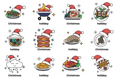 12 tane Noel temalı yemek çizimi. Her resimde üzerinde şapka olan bir tabak yemek var ve tabağın altında 