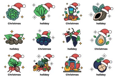 Her birinin üstünde bir şapka olan on iki Noel temalı görüntü. Resimlerde çeşitli meyve ve sebzelerin yanı sıra bir Noel ağacı yer alıyor. Resimlerin genel havası şenlikli.