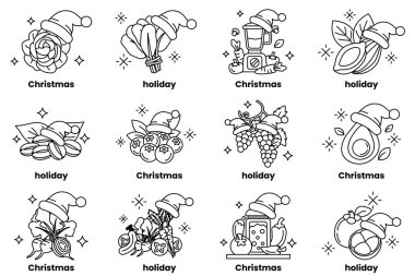 Her birinin üstünde bir şapka olan on iki Noel temalı görüntü. Resimlerde çeşitli meyve ve sebzelerin yanı sıra bir Noel ağacı yer alıyor. Resimlerin genel havası şenlikli.