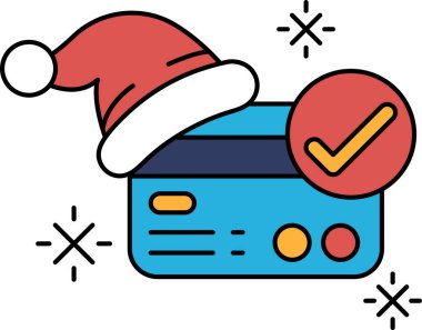 Üzerinde Noel Baba şapkası olan bir kredi kartının resmi. Şapka bir yıldız ve bir kar tanesiyle süslenmiş. Tatil neşesi kavramı