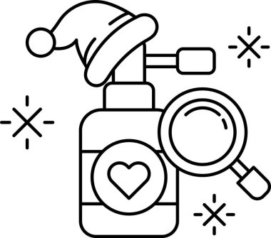 Üzerinde şapka olan bir şişe parfüm. Parfüm şişesi kar taneleriyle çevrili.