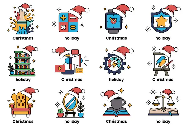 12 Noel temalı ikon seti. Her ikon farklı bir tasarıma sahiptir ve ilgili bayram ile etiketlenmiştir