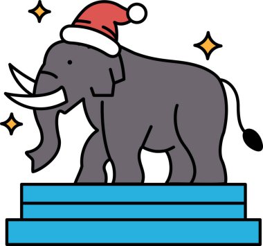 Kafasında Noel ağacı ve şapka takan bir filin siyah beyaz çizimi. Fil bir kaidede duruyor.