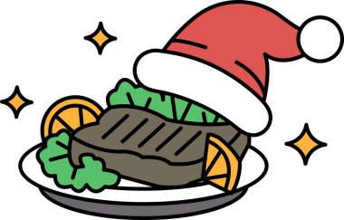 Üzerinde şapkası olan bir tabak yemek. Tabakta et ve sebze var.