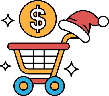Üstünde dolar işareti ve sapında Noel Baba şapkası olan bir alışveriş arabasının siyah beyaz görüntüsü.