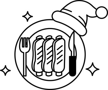 Üzerinde çatal ve bıçak olan bir tabak yemek. Tabak bir şapka ve bir yıldızla süslenmiş.