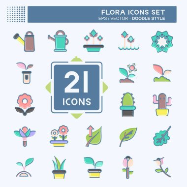 Icon Flora 'yı ayarladı. Flora sembolüyle ilgili. Karalama stili. Basit bir çizim. Bitki. Meşe ağacı. Yaprak. gül