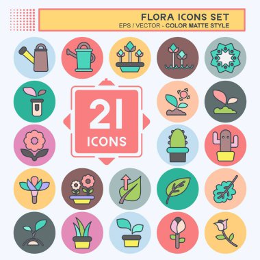 Icon Flora 'yı ayarladı. Flora sembolüyle ilgili. renk arkadaşı stili. Basit bir çizim. Bitki. Meşe ağacı. Yaprak. gül