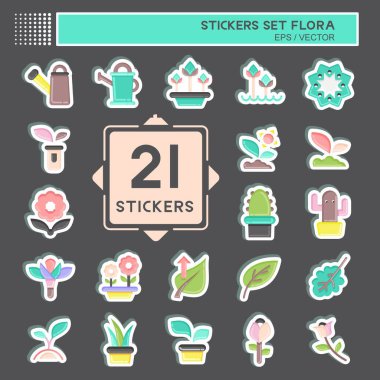 Çıkartma Flora 'yı ayarladı. Flora sembolüyle ilgili. Basit bir çizim. Bitki. Meşe ağacı. Yaprak. gül