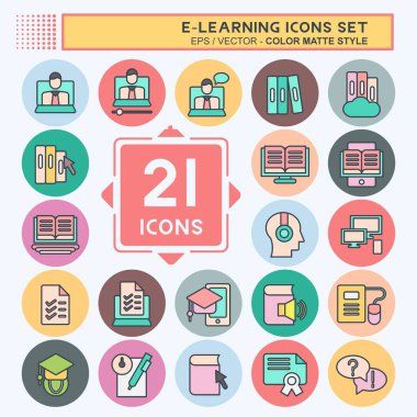 Simge Kümesi E-Öğrenme. Eğitim sembolüyle ilgili. renk arkadaşı stili. Basit dizayn edilebilir. Basit resimleme