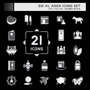 Kurban Bayramı 'nda Icon Set Al Adha. İslami sembolle ilgili. Parlak stil. Basit dizayn edilebilir. Basit resimleme