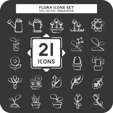 Icon Flora 'yı ayarladı. Flora sembolüyle ilgili. Tebeşir stili. Basit bir çizim. Bitki. Meşe ağacı. Yaprak. gül